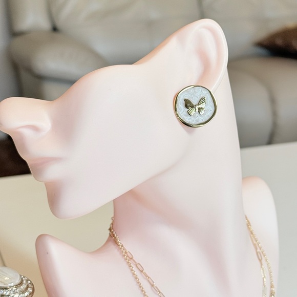 Gold and White Butterfly Earrings - Picture 3 of 10